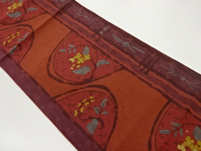 JAPANESE NAGOYA OBI / SILK / CHIKUZEN HAKATA / WOVEN ROUNDEL & FLORAL PLANTS & ARABESQUE PATTERN